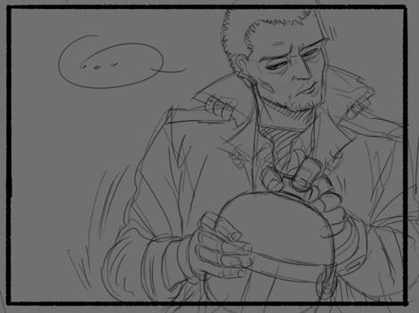 Sketch of a comic panel made in Krita.
Drawing of a man with short hair, wearing a trench coat, with a disdainful expression while opening a round canteen.

Rascunho de um painel de quadrinhos feito no Krita.
Desenho de um homem de cabelu curto, usando sobretudo e com expressão de desdém enquanto abre um cantil de água redondo.