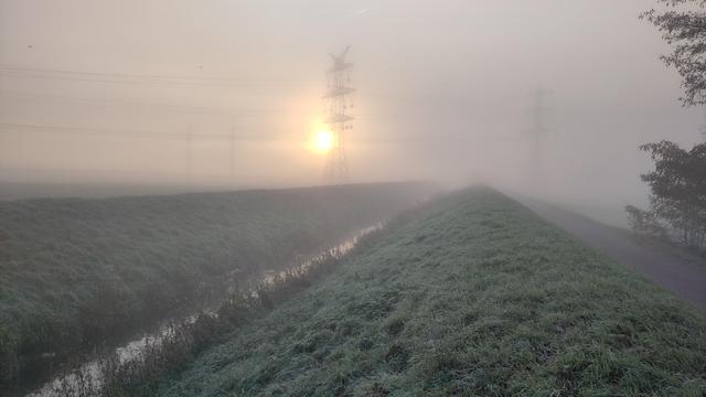 Ein grüner Deich zieht sich von vorne nach hinten durch das Bild, links unten fließt die Weschnitz, rechts ein Asphaltweg. Im Hintergrund im Nebel einige Hochspannungsmasten, dahinter blass die aufgehende Sonne