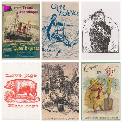 Montage with several of my vintage and anarchist creations around a drawing with my face: a queer boat, an antifa otter, a vulture hungry for rich, an anti police pig and a radical ecologist hedgehog