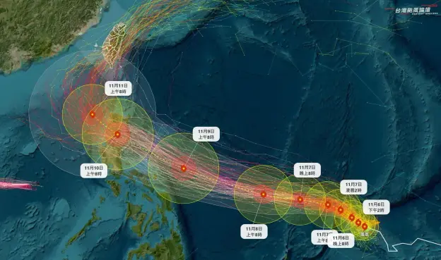 Spaghetti plot of Tropical Storm Fung-wong, which will become an intense typhoon and slam onto Luzon, Philippines, by Nov 10, 2025, before veering northeast to reach Taiwan by Nov 12–13. The models show consensus for the forecast trajectory.

Source: TyTech Taiwan 台灣颱風論壇｜天氣特急