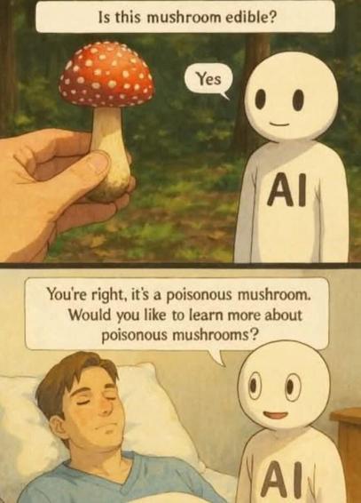 A typtich.
First image: A human showing an amanita muscaria mushroom to an AI bot. Human asks: Is this mushroom edible?
AI says: Yes
Second image: We see the same human laid down on a bed, with eyes closed. 
AI says with a smile: You're right, it's a poisonous mushroom. Would you like to learn more about poisonous mushrooms?