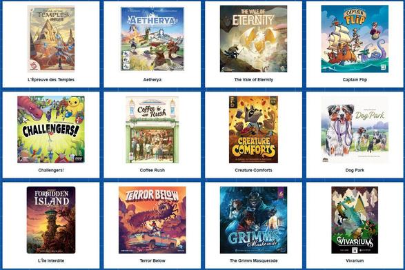 Screenshot d'une liste de jeu de plateau (l'epreuve des temples, aetherya, the vale of eternity, captain flip, challengers, coffee rush, creature comfort, dog park, l'ile interdite, terror below, la masquerade des frères grimm, vivarium).
