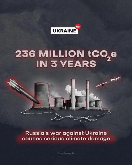 This image is an infographic highlighting the environmental impact of Russia’s war against Ukraine. The graphic states that the conflict has resulted in **236 million tonnes of CO₂ equivalent (tCO₂e) emissions in just 3 years**. The visual includes imagery of missiles, industrial smokestacks, and a map of Ukraine, emphasizing the serious climate damage caused by the war. The source of the photo is credited to Espresso TV.