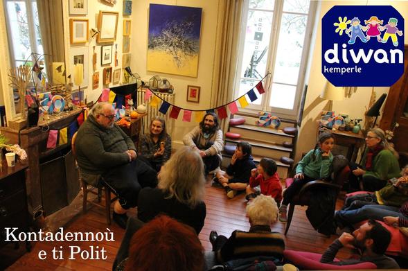 Personnes réunies autour d'un conteur (feu Roland Peron) pour l'écouter raconter