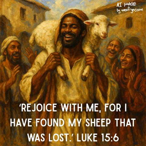 An oil painting–style image showing Jesus as a dark-skinned, Middle Eastern or African man smiling joyfully as he carries a sheep across his shoulders. Around him, several villagers in earth-toned robes laugh and clap in celebration against a warm, sunlit village backdrop. Text at the bottom reads: “‘Rejoice with me, for I have found my sheep that was lost.’ Luke 15:6.” In the top right corner, small white text says “AI image by wesfryer.com.”