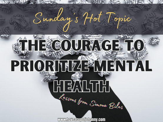 Pinterest pin titled "The Courage to Prioritize Mental Health: Lessons from Simone Biles" featuring a silhouette of a head surrounded by crumpled paper, symbolizing the struggle and importance of mental wellness.
