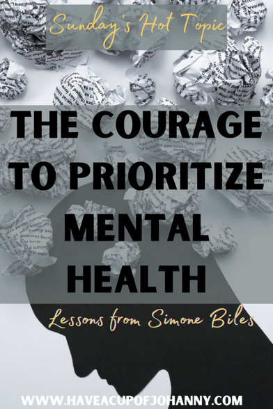 Pinterest pin titled "The Courage to Prioritize Mental Health: Lessons from Simone Biles" featuring a silhouette of a head surrounded by crumpled paper, symbolizing the struggle and importance of mental wellness.