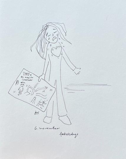 A closer photo of a drawing of a person standing up and crying. Their heart is big and throbbing and in their hand is an advent calendar that goes with the Danish tv advent calendar of this year. The text explains how the calendar used to be a gift from mom and now that mom is no more, it’s a gift from partner.