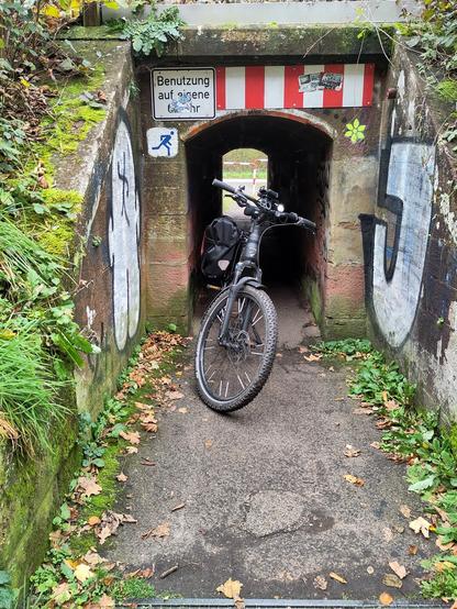 Fahrrad vor einer Tunnelröhre/Bahnunterführung.
die Röhre ist nur wenige Zentimeter breiter und höher als das rad. es handelt sich um den offiziellen Radweg.