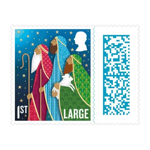 Illustration of shepherds, Royal Mail 2025 1st Large Letter Christmas stamp.
