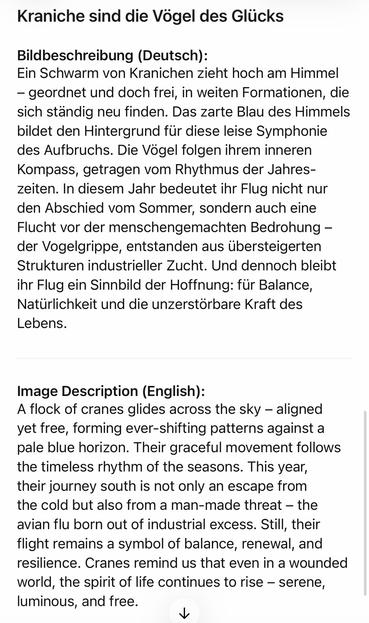 Kraniche sind die Vögel des Glücks
Bildbeschreibung (Deutsch):
Ein Schwarm von Kranichen zieht hoch am Himmel
- geordnet und doch frei, in weiten Formationen, die sich ständig neu finden. Das zarte Blau des Himmels bildet den Hintergrund für diese leise Symphonie des Aufbruchs. Die Vögel folgen ihrem inneren Kompass, getragen vom Rhythmus der Jahres-zeiten. In diesem Jahr bedeutet ihr Flug nicht nur den Abschied vom Sommer, sondern auch eine Flucht vor der menschengemachten Bedrohung - der Vogelgrippe, entstanden aus übersteigerten Strukturen industrieller Zucht. Und dennoch bleibt ihr Flug ein Sinnbild der Hoffnung: für Balance, Naturlichkeit und die unzerstorbare Kraft des Lebens.
Image Description (English):
A flock of cranes glides across the sky - aligned yet free, forming ever-shifting patterns against a pale blue horizon. Their graceful movement follows the timeless rhythm of the seasons. This year, their journey south is not only an escape from the cold but also from a man-made threat - the avian flu born out of industrial excess. Still, their flight remains a symbol of balance, renewal, and resilience. Cranes remind us that even in a wounded world, the spirit of life continues to rise - serene, luminous, and free.🖖