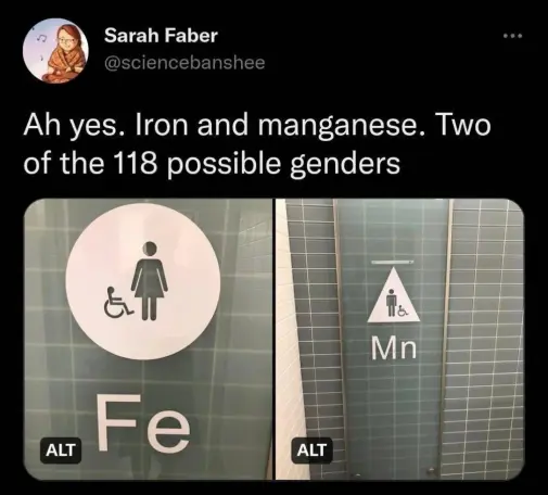 Sarah Faber @sciencebanshee

Ah yes. Iron and manganese. Two of the 118 possible genders

Photo of a bathroom door with a drawing of a person in a skirt and letters "Fe". Second photo is a drawing of a person without skirt and letters "Mn".
