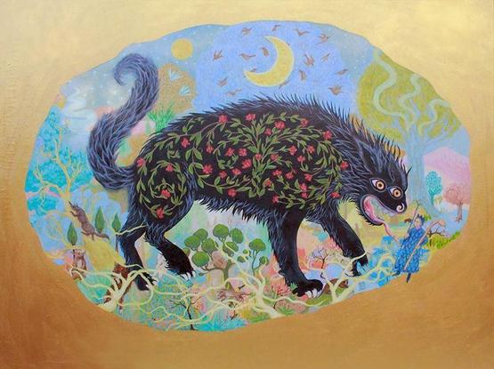 Image: painting; we see a side voew of what is probably a mythical beast, looking somewhat like a Tasmanian devil; its bodly black and hairy …&nbsp;only that its side, or an x-ray-like view of its inside – is a pattern of flowers –&nbsp;green leaves, pink florets; behind is a colourful, fariy-tale-like scene of trees, birds in the air, the moon, colourful trees, a jaguar climbing a tree, a human bottom right apparently interacting with / confronting / about to be a meal of the beast; the human is holding what seem to be a very long club in one hand and a somewhat similar stick in the other hand, is wearing a patterned blue dress-like garb, and wearing a crown; the beast it sticking its tongue out at the figure •&nbsp;“Join us this October and explore the work of artist&nbsp;Elena Duff, who brings her fascinating solo&nbsp;art exhibition&nbsp;to Bailieborough. Inspired in part by the&nbsp;local folklore of Knockbride, this fantastically&nbsp;creative and vibrant collection&nbsp;is a fantastic showcase of the local talent…”