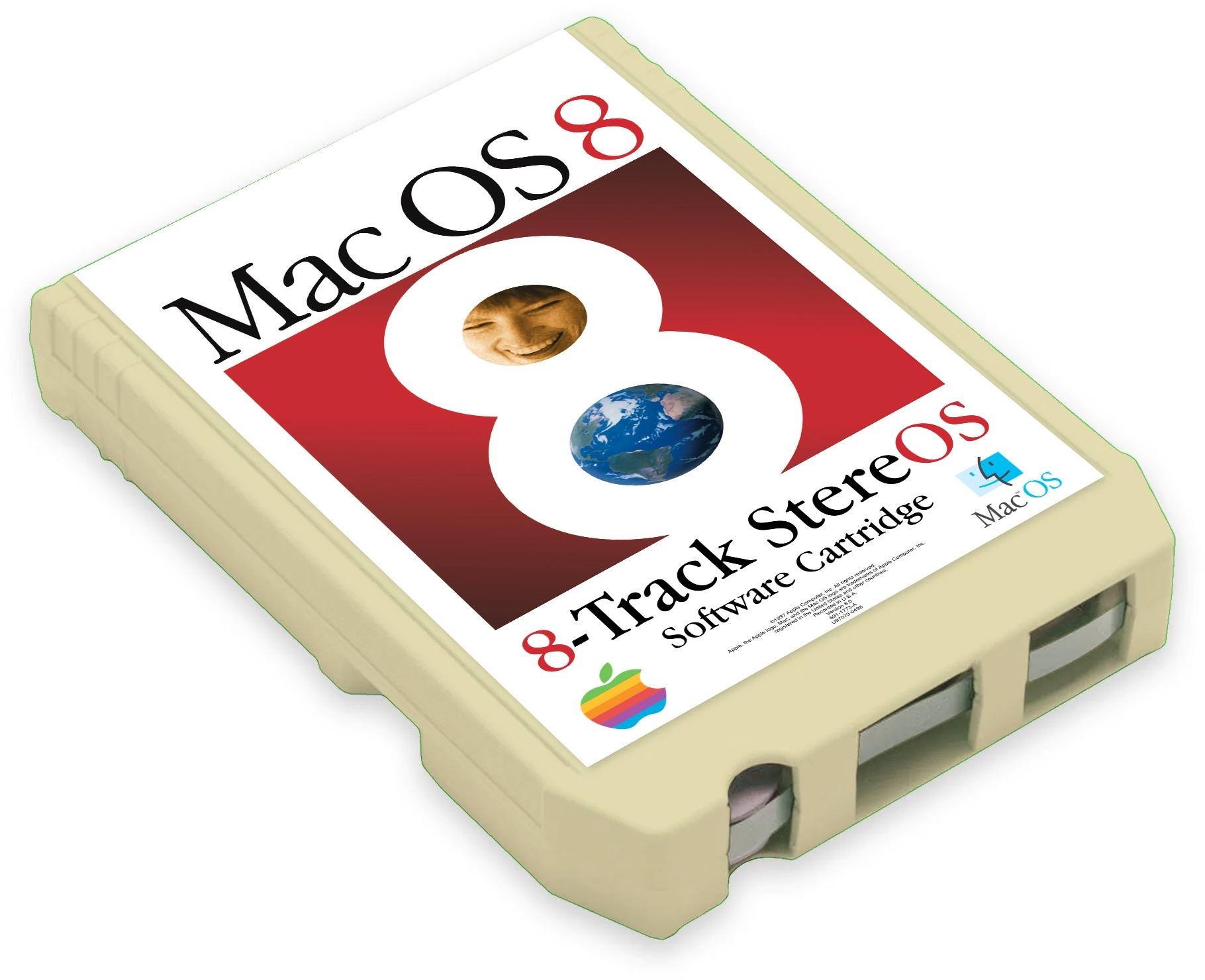 An illustration of a vintage software cartridge for Mac OS 8, featuring a white and red design with a smiling face and a globe image, along with the text "8-Track StereOS Software Cartridge." The Apple logo is displayed in the corner.