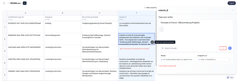 Screenshot of a spreadsheet with various columns, one of which is AI-processed. To the right is a prompt configuration window.