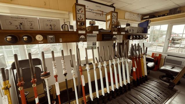 Interior of Ferryside Signal Box showing historic lever frame.
