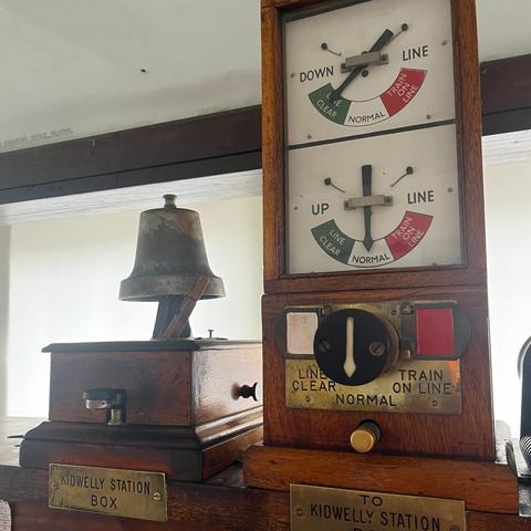 Interior view of Kidwelly Signal Box showing old signalling equipment.