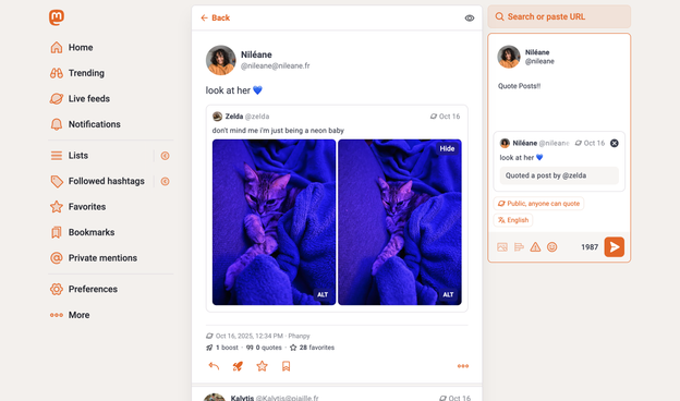 Viewing and composing a Quote Post with Tangerine UI v2.5 on Mastodon 4.5