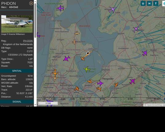 #PHDON: Private (#Cessna C172, registration: PH-DON)
Route: No route available
Min. distance: 0.6nm away @ 1350 ft
Heading: SW @ 0.0kts
Time: 14:53:03
 #ProbablyLanding #adsb #Venhuizen