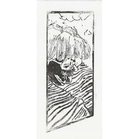 Gravure sur bois, portrait de Sylvie, membre de l'asso de gravures. Couleur un peu bordeaux, en fait obtenu par un mélange de noir et de sanguine