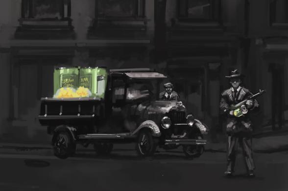 Digital painting of Model A pickup, escorted by a pair of mobsters. The only areas of color are the large Cream of Corn cans on the truck, and a small one replacing the Tommy gun magazine