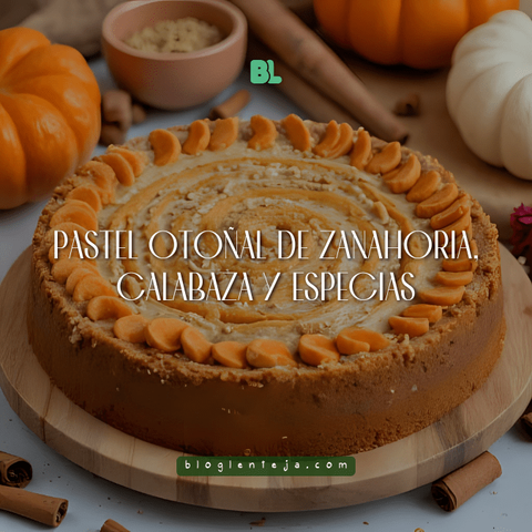 Pastel vegano de calabaza y zanahoria decorado con nueces y semillas, sobre mesa rústica con tonos otoñales.