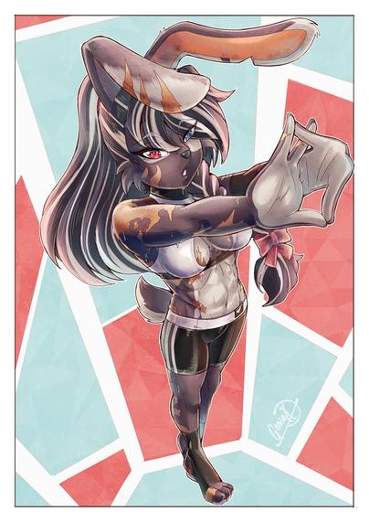 A illustration of a anthro rabbit girl (furry) with dark gray and orange-striped fur and long, streaked hair.
She is wearing a white sports bra and dark athletic shorts/leggings, striking a cool pose with her arms extended and hands forming a pointed shape, as if stretching or performing a cool gesture.
The background features a modern, geometric pattern in pastel red and light blue.