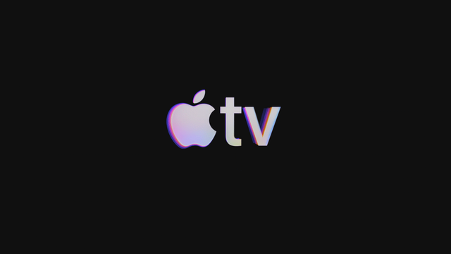 The Apple TV logo is centered on a solid black background, appearing as if made of translucent glass with subtle blue and purple light refracting from its edges.