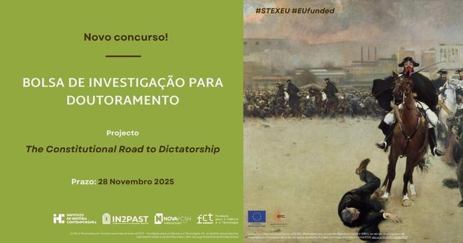 Imagem ilustrativa do concurso para um Bolsa de Investigação para Doutoramento para o projecto “The Constitutional Road to Dictatorship”. Inclui o texto “Estamos a recrutar! Concurso de Bolsa de Investigação para Doutoramento. Projecto: The Constitutional Road to Dictatorship. Prazo: 28 de Novembro de 2025”. A imagem é ilustrada por uma pintura de Ramon Casas i Cabra intitulada “La Carga”, que representa soldados a cavalo a agredirem a população. É datada de 1899-1900.