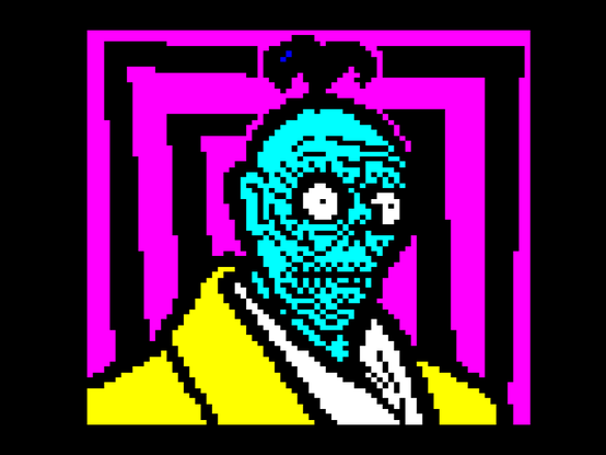 An office worker in a bright yellow suit has a wrinkled shrunken head.