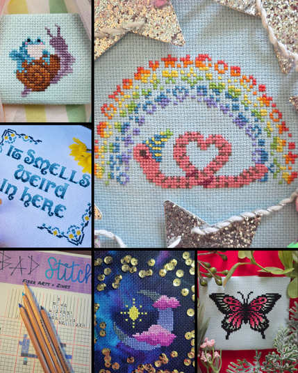 A collage of cross stitch patterns showing a worm shaped into a heart, wearing a birthday hat and rainbow motifs, a frog riding a snail, It Smells Weird in Here sampler, cross stitch nonograms, a crescent moon, and a stylized butterfly with a watermelon motif.