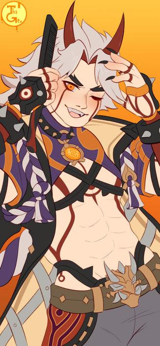 - Drawing Type:
Normal Style / Flat Color / Halfbody

- [ 1 ] Character/s:
*Oni / Male

- Background:
Flat color

- Description:
Drawing of Arataki Itto, from the game "Genshin Impact" brushing his hair