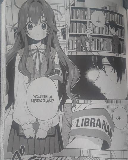 Rentarō Aijō deduces that Yoshimoto Shizuka is a librarian (it couldn’t be more obvious from her librarian armband, lol) in chapter 3 of the The 100 Girlfriends manga.
