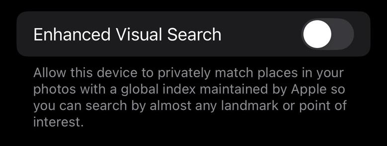 Screenshot of an iphone enhanced visual search Settings
