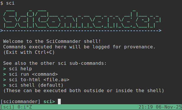 Screenshot of SciCommander shell welcome screen.