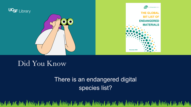 Graphic image of a person with long purple hair and a white t-shirt looking through a pair of binoculars. Image of the cover of The Global Bit List of Endangered Materials. Did You Know There is an endangered digital species list? Green grass along bottom edge of image.