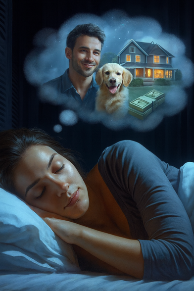 Esta ilustración digital muestra a una mujer durmiendo en la oscuridad, bajo una luz azul tenue.

Sobre ella, una nube de pensamiento brillante revela sus aspiraciones futuras, que incluyen:

Un hombre sonriente

Un perro Golden Retriever

Una casa acogedora de dos pisos

Pilas de dinero

La imagen simboliza el sueño de una vida ideal de estabilidad, familia y hogar.