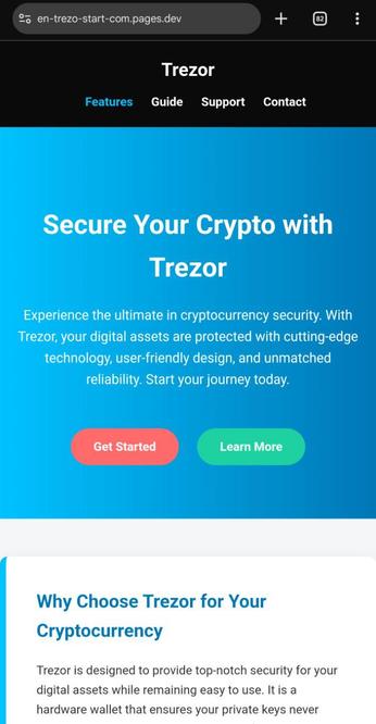 Een nepwebsite "https://en-trezo-start-com punt pages.dev" die https://trezor.io simuleert.