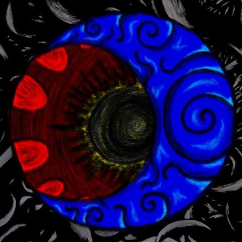 A crescent moon partially obscuring a sun that sits before a swirling red void. In the background is a mass of tentacles.