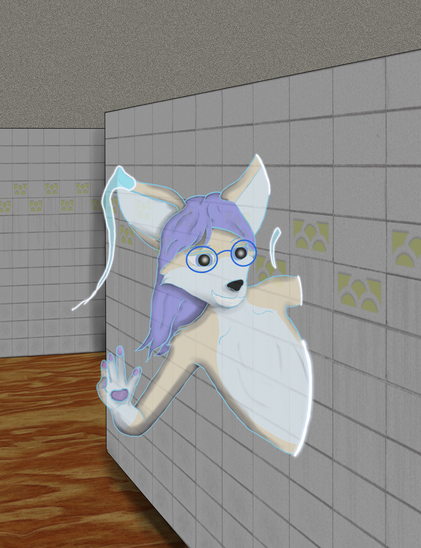 Lloxie the phasefox phasing through a wall in a dimly lit hallway, looking slightly creepy and friendly at the same time as they wave at the viewer with a toothy grin.