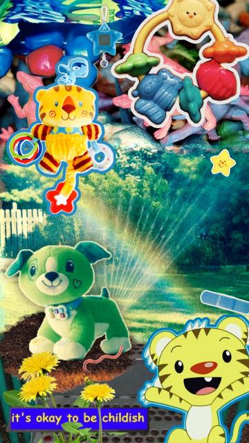 A colorful digital collage/mood board meant to invoke childhood nostalgia. The background is composed of several images. Roughly from top-to-bottom, they are a photo of Gushers; plastic toy dinosaurs, a water sprinkler creating a rainbow in a backyard, and a close-up of playground stairs. The background is overlaid with transparent cut-outs  of a colorful plastic baby toy/rattle, a clip-on plush tiger baby sensory toy, a plush of “Scout” the puppy from Leapfrog, a screenshot of Rintoo from the cartoon “Ni Hai Kai-Lan”, and dandelions. I’m the bottom left corner there is yellow text with a blue background which reads, “it’s okay to be childish”.