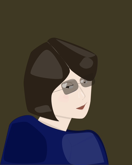 Vector portrait of a woman with short dark hair, reflective gray shades, and a navy outfit against a muted olive background. Her expression is calm and confident, with stylized highlights and soft geometric shading.