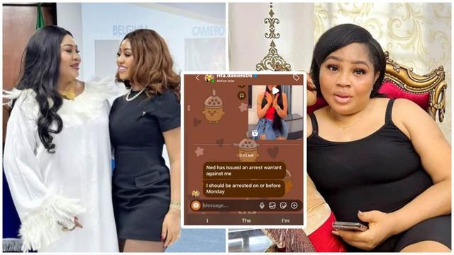 A photo collage showing Regina Daniels and her mother Rita Daniels standing together at an event, a WhatsApp screenshot of Rita allegedly warning Regina about an arrest order, and a separate image of Rita sitting on a couch while holding a phone.