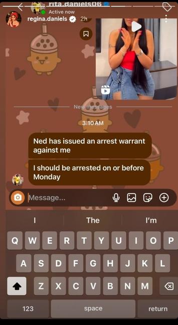 Screenshot of a WhatsApp conversation showing a message from Rita Daniels, stating an arrest warrant has been issued against her, with a timestamp of 3:10 AM and a note that she may be arrested on or before Monday.