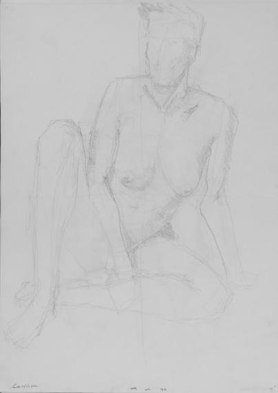 Drawing portrait of a female art model, sitting naked on the floor
