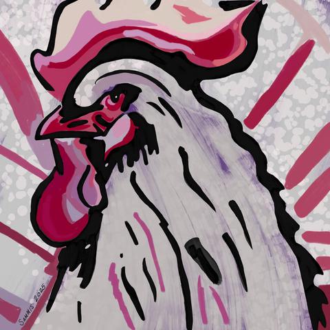 A stylized street art type painting of a white rooster with a red and pink comb and waddle. The purple background is showing through the white parts.