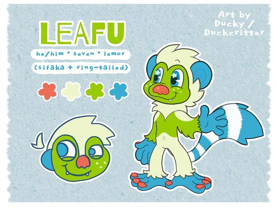 Digital drawing of an anthro lemur with a green, blue, and off-white color palette. His face and upper torso are green, his ears; hands; and feet are blue; the rest of his fur is off-white and he has a large red nose. To the left is a drawing of his head, resembling the “PBS Kids” logo. Text reads, “Leafu, he/him, seven, lemur (sifaka + ring-tailed).”