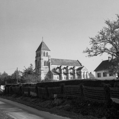 Black and white photo of a french village church