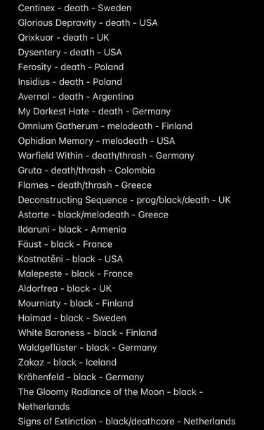 Centinex - death - Sweden
Glorious Depravity - death - USA
Qrikuor - death - UK
Dysentery - death - USA
Ferosity - death - Poland
Insidius - death - Poland
Avernal - death - Argentina
My Darkest Hate - death - Germany
Omnium Gatherum - melodeath - Finland
Ophidian Memory - melodeath - USA
Warfield Within - death/thrash - Germany
Gruta - death/thrash - Colombia
Flames - death/thrash - Greece
Deconstructing Sequence - prog/black/death - UK
Astarte - black/melodeath - Greece
Ildaruni - black - Armenia
Fäust - black - France
Kostnatěni - black - USA
Malepeste - black - France
Aldorfrea - black - UK
Mourniaty - black - Finland
Haimad - black - Sweden
White Baroness - black - Finland
Waldgeflüster - black - Germany
Zakaz - black - Iceland
Krähenfeld - black - Germany
The Gloomy Radiance of the Moon - black - Netherlands
Signs of Extinction - black/deathcore - Netherlands