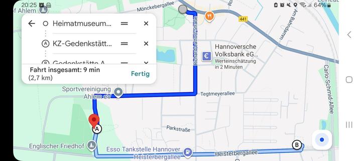 Kartenbild der Demoroute: Start Bürgergemeinschaftshaus Wunstorfer Landstr., weiter über Richard-Lattorf-Str, Petit-Couronne-Str zum ehemaligen KZ-Aussenlager, danach über Heisterbergallee zur Gedenkstätte